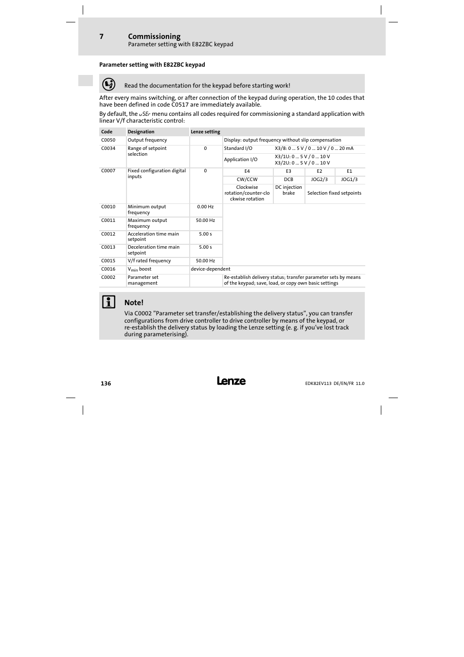 Parameter setting with e82zbc keypad, Commissioning | Lenze E82EV 8200 User Manual | Page 136 / 246