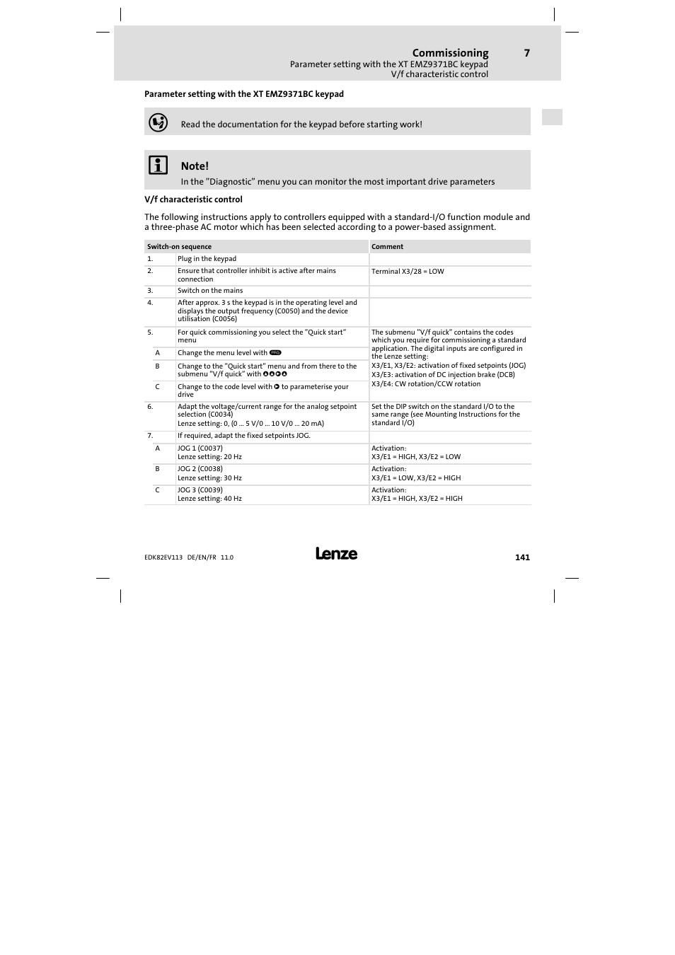 Parameter setting with the xt emz9371bc keypad, V/f characteristic control, Commissioning | Lenze E82EV 8200 User Manual | Page 141 / 246