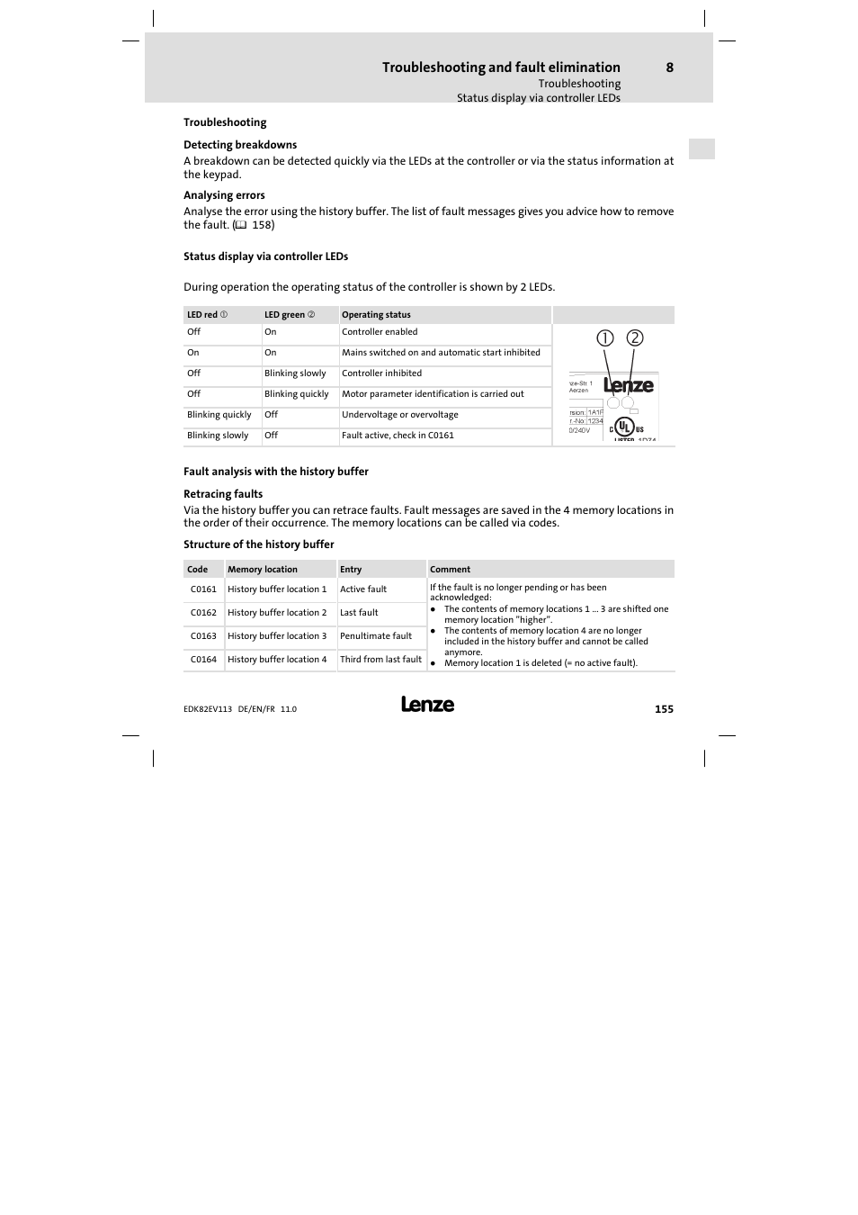 Troubleshooting and fault elimination, Troubleshooting, Status display via controller leds | Fault analysis with the history buffer | Lenze E82EV 8200 User Manual | Page 155 / 246
