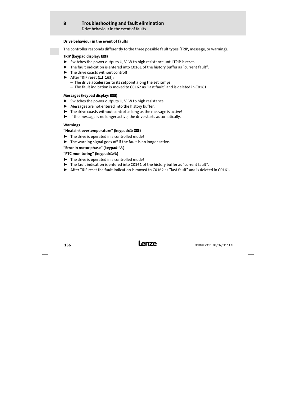 Drive behaviour in the event of faults | Lenze E82EV 8200 User Manual | Page 156 / 246