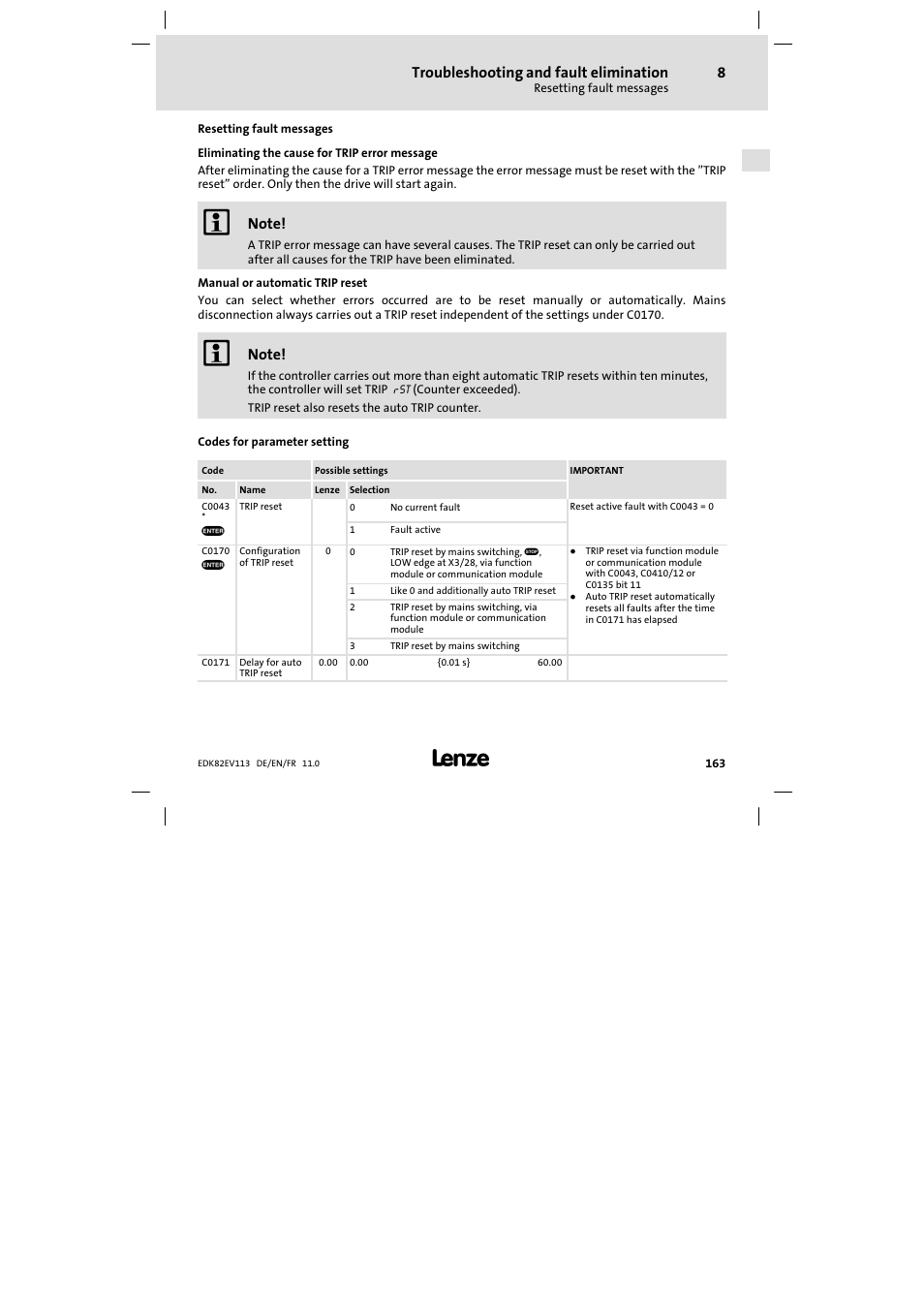 Resetting fault messages, Troubleshooting and fault elimination | Lenze E82EV 8200 User Manual | Page 163 / 246