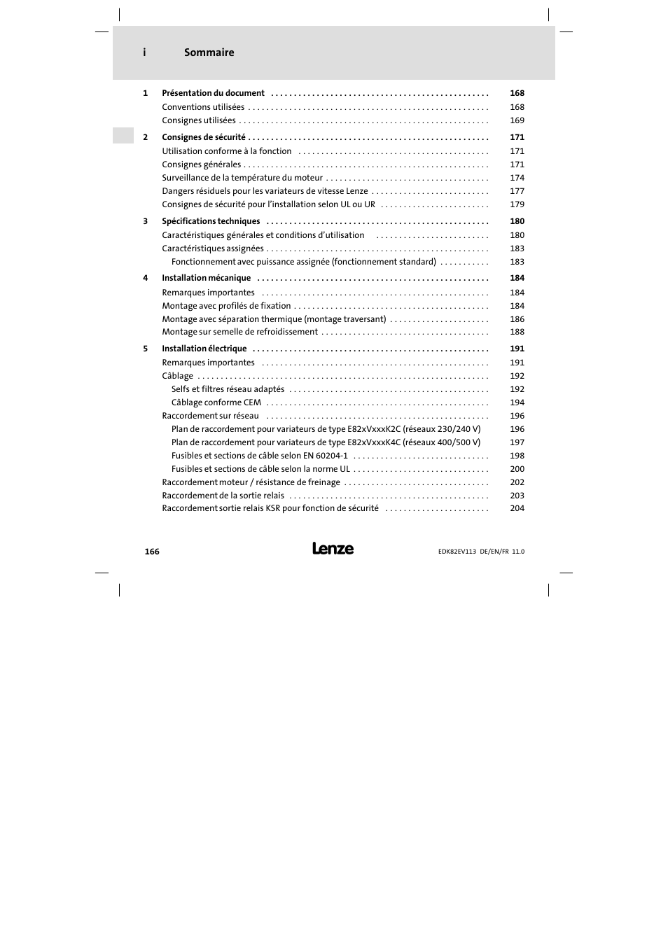 Sommaire, Sommaire i | Lenze E82EV 8200 User Manual | Page 166 / 246