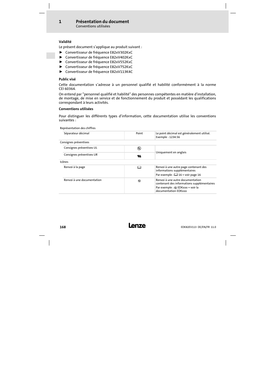 Présentation du document, Conventions utilisées | Lenze E82EV 8200 User Manual | Page 168 / 246