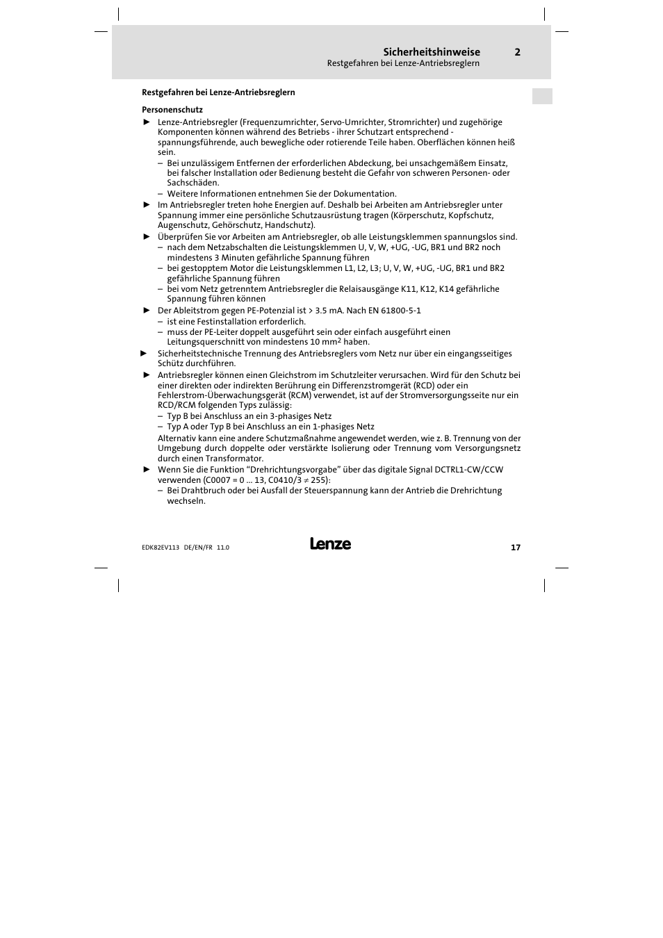 Restgefahren bei lenze-antriebsreglern, Restgefahren bei lenze−antriebsreglern | Lenze E82EV 8200 User Manual | Page 17 / 246