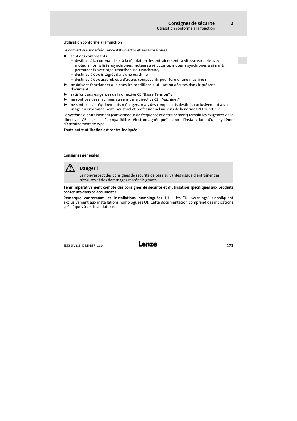 Consignes de sécurité, Utilisation conforme à la fonction, Consignes générales | Lenze E82EV 8200 User Manual | Page 171 / 246