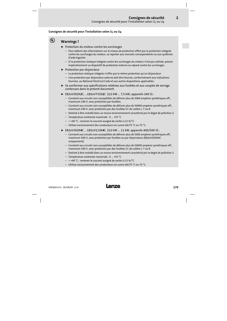 Consignes de sécurité, Warnings | Lenze E82EV 8200 User Manual | Page 179 / 246
