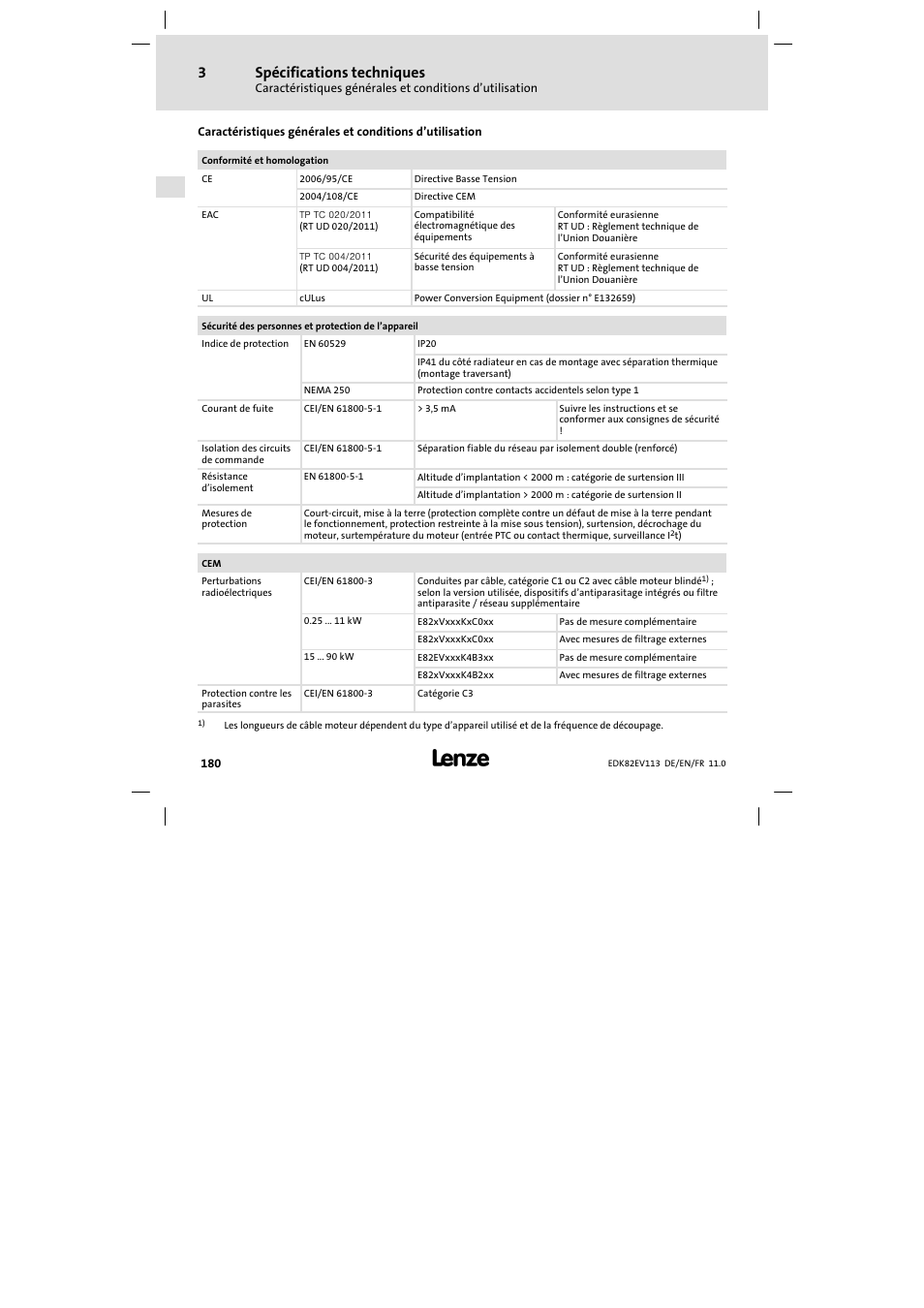 Spécifications techniques | Lenze E82EV 8200 User Manual | Page 180 / 246