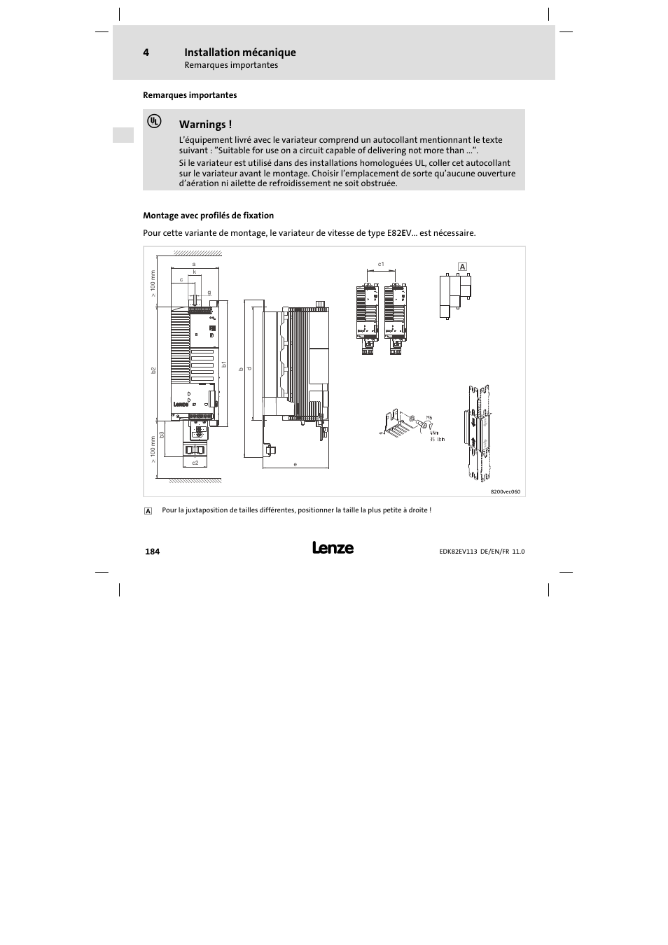 Installation mécanique, Remarques importantes, Montage avec profilés de fixation | Warnings | Lenze E82EV 8200 User Manual | Page 184 / 246
