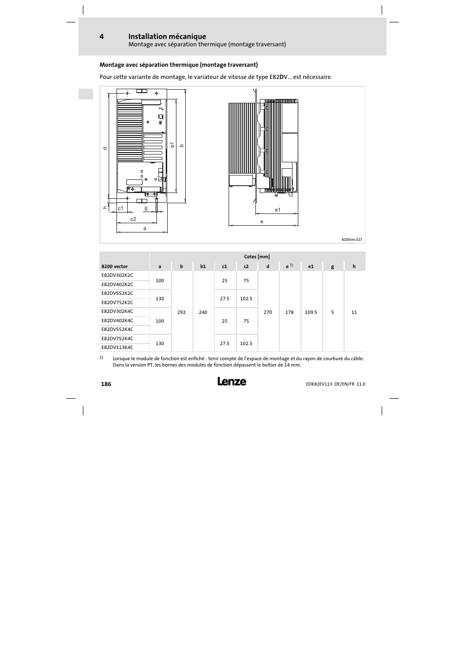 Installation mécanique | Lenze E82EV 8200 User Manual | Page 186 / 246