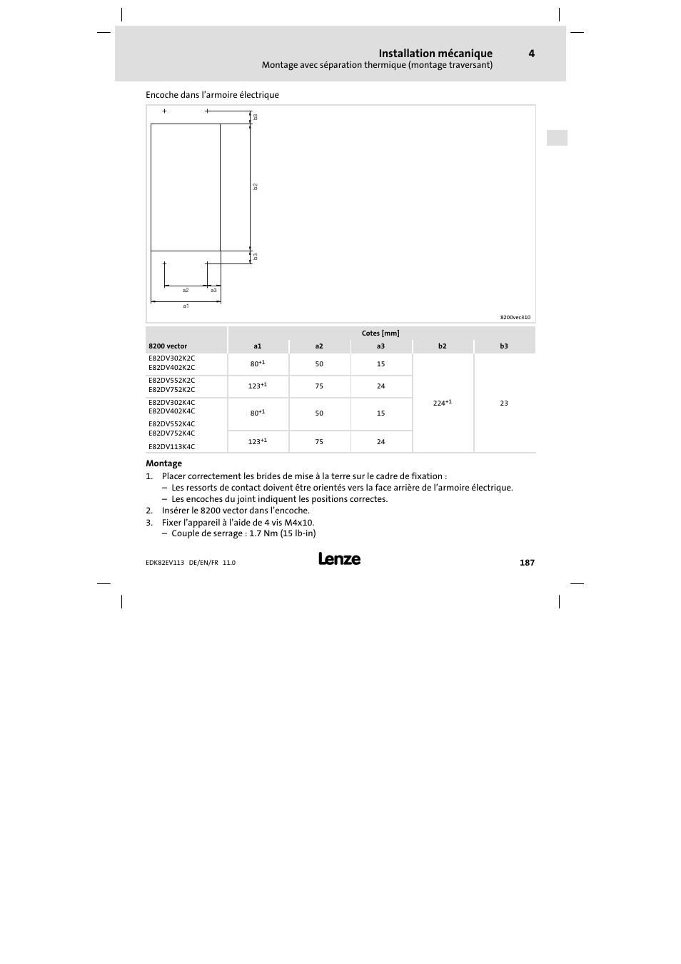 Installation mécanique | Lenze E82EV 8200 User Manual | Page 187 / 246