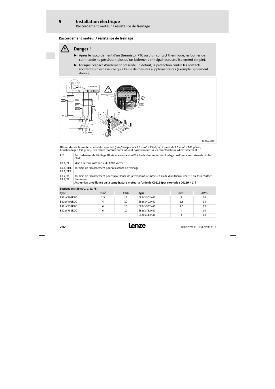 Raccordement moteur / résistance de freinage, Installation électrique, Danger | Pe w br2 u br1 v t2 t1 | Lenze E82EV 8200 User Manual | Page 202 / 246