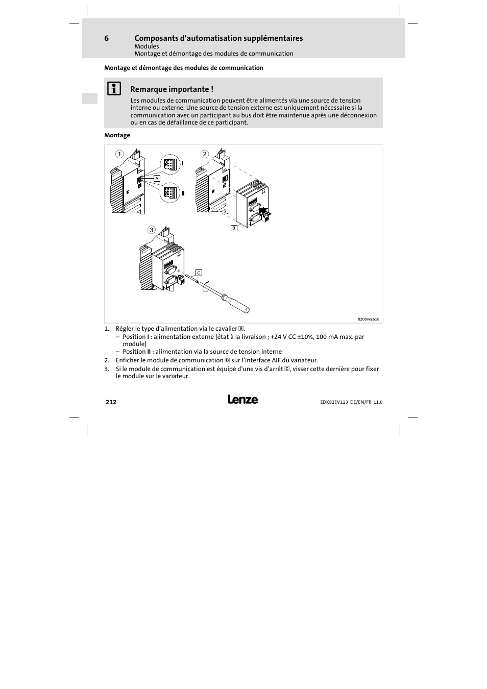 Montage et démontage des modules de communication | Lenze E82EV 8200 User Manual | Page 212 / 246