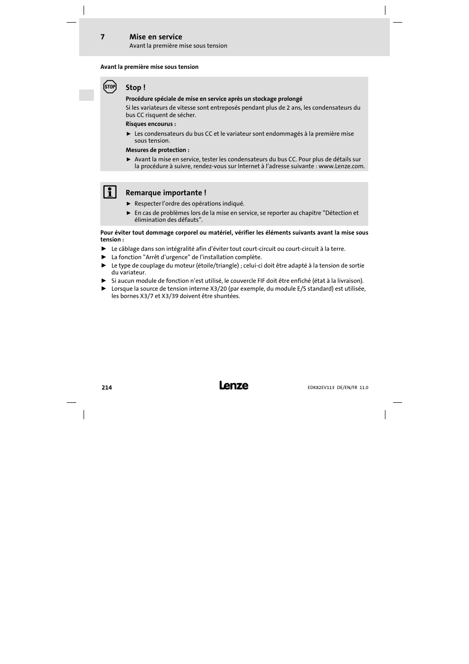 Mise en service, Avant la première mise sous tension | Lenze E82EV 8200 User Manual | Page 214 / 246