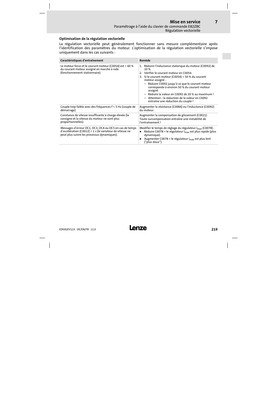 Mise en service | Lenze E82EV 8200 User Manual | Page 219 / 246