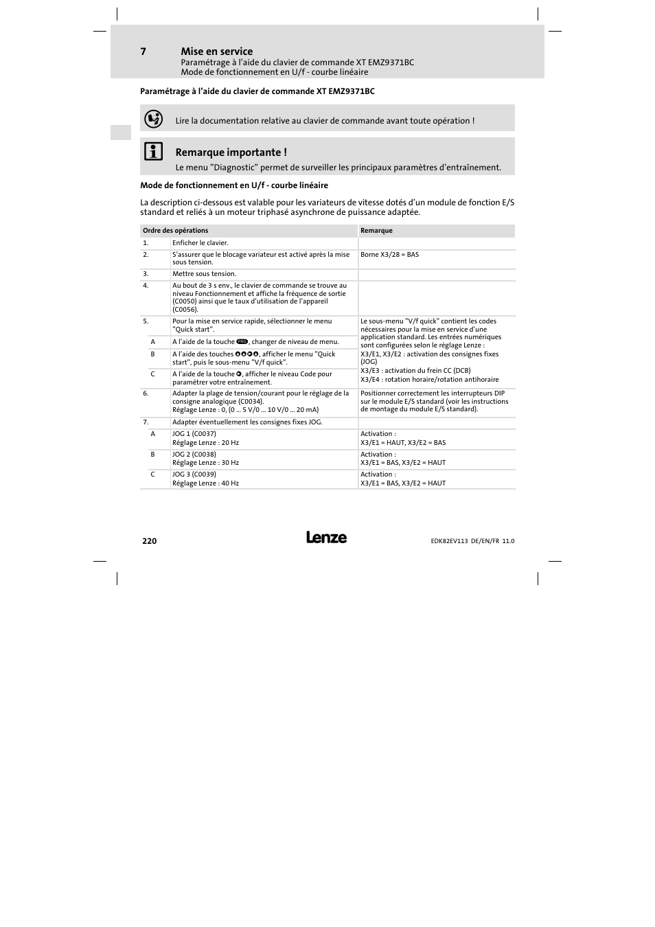 Mode de fonctionnement en u/f - courbe linéaire, Mode de fonctionnement en u/f − courbe linéaire, Mise en service | Remarque importante | Lenze E82EV 8200 User Manual | Page 220 / 246