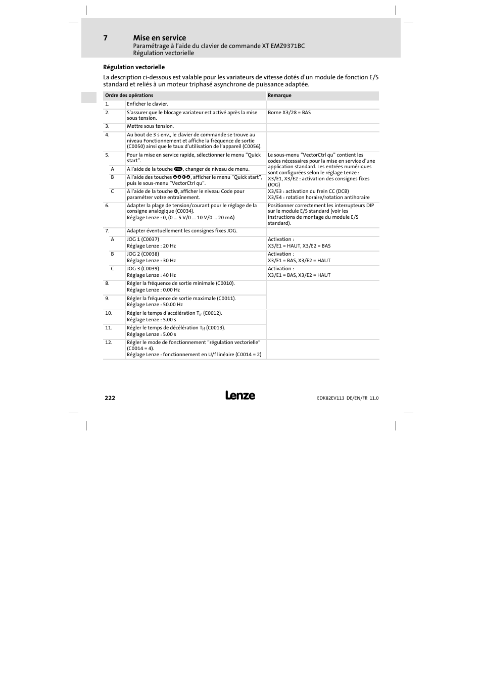 Régulation vectorielle, Mise en service | Lenze E82EV 8200 User Manual | Page 222 / 246