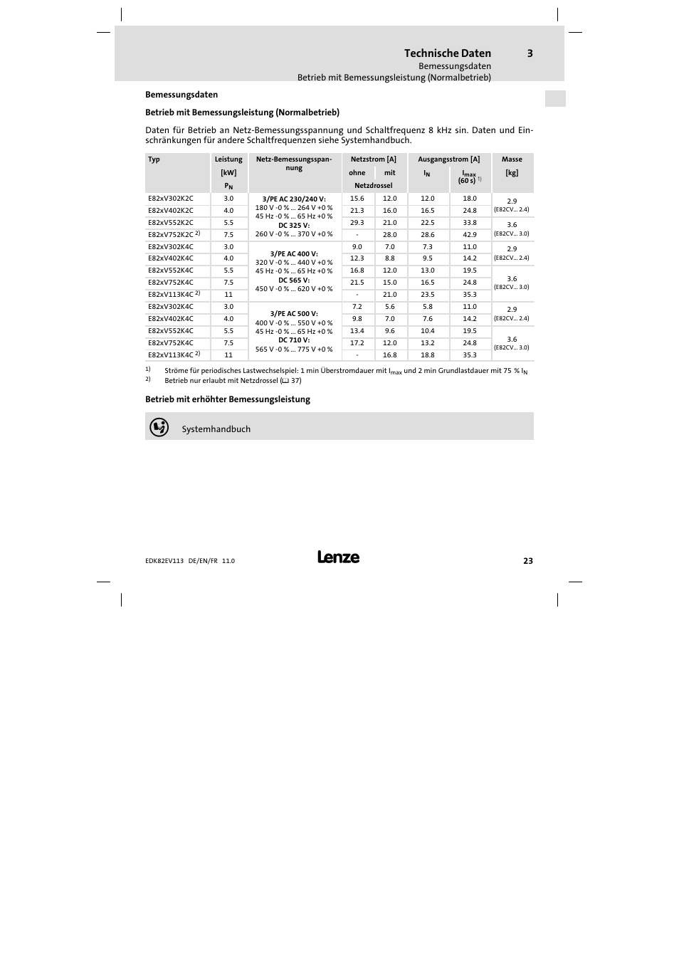 Bemessungsdaten, Betrieb mit bemessungsleistung (normalbetrieb), Technische daten | Lenze E82EV 8200 User Manual | Page 23 / 246