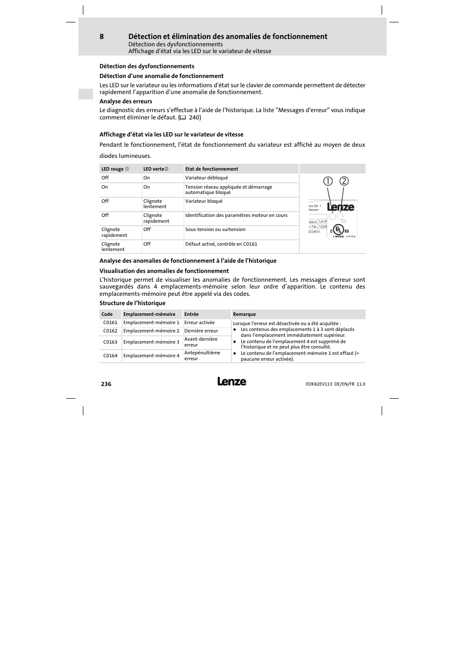 Détection des dysfonctionnements | Lenze E82EV 8200 User Manual | Page 236 / 246