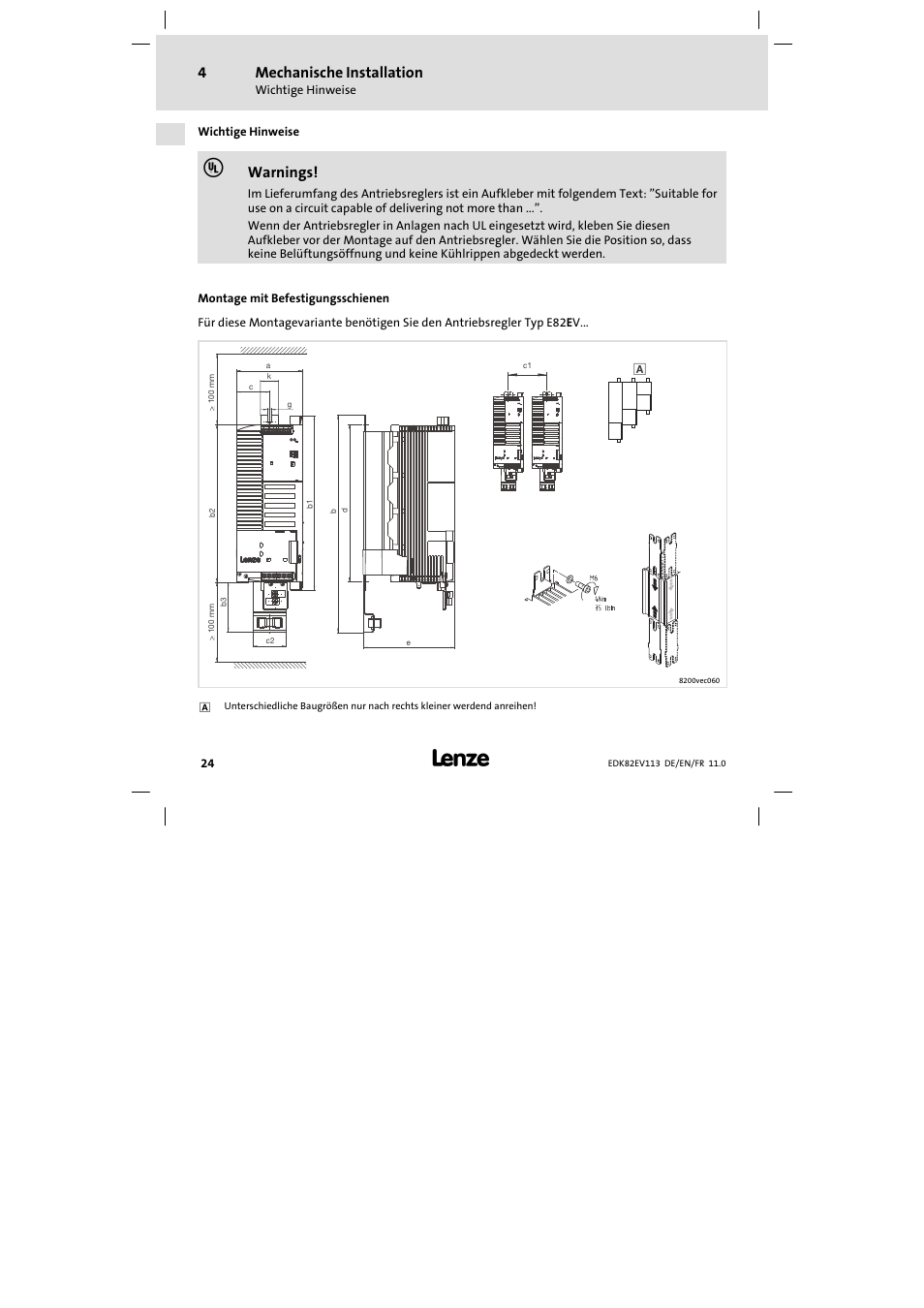 Mechanische installation, Wichtige hinweise, Montage mit befestigungsschienen | Warnings | Lenze E82EV 8200 User Manual | Page 24 / 246