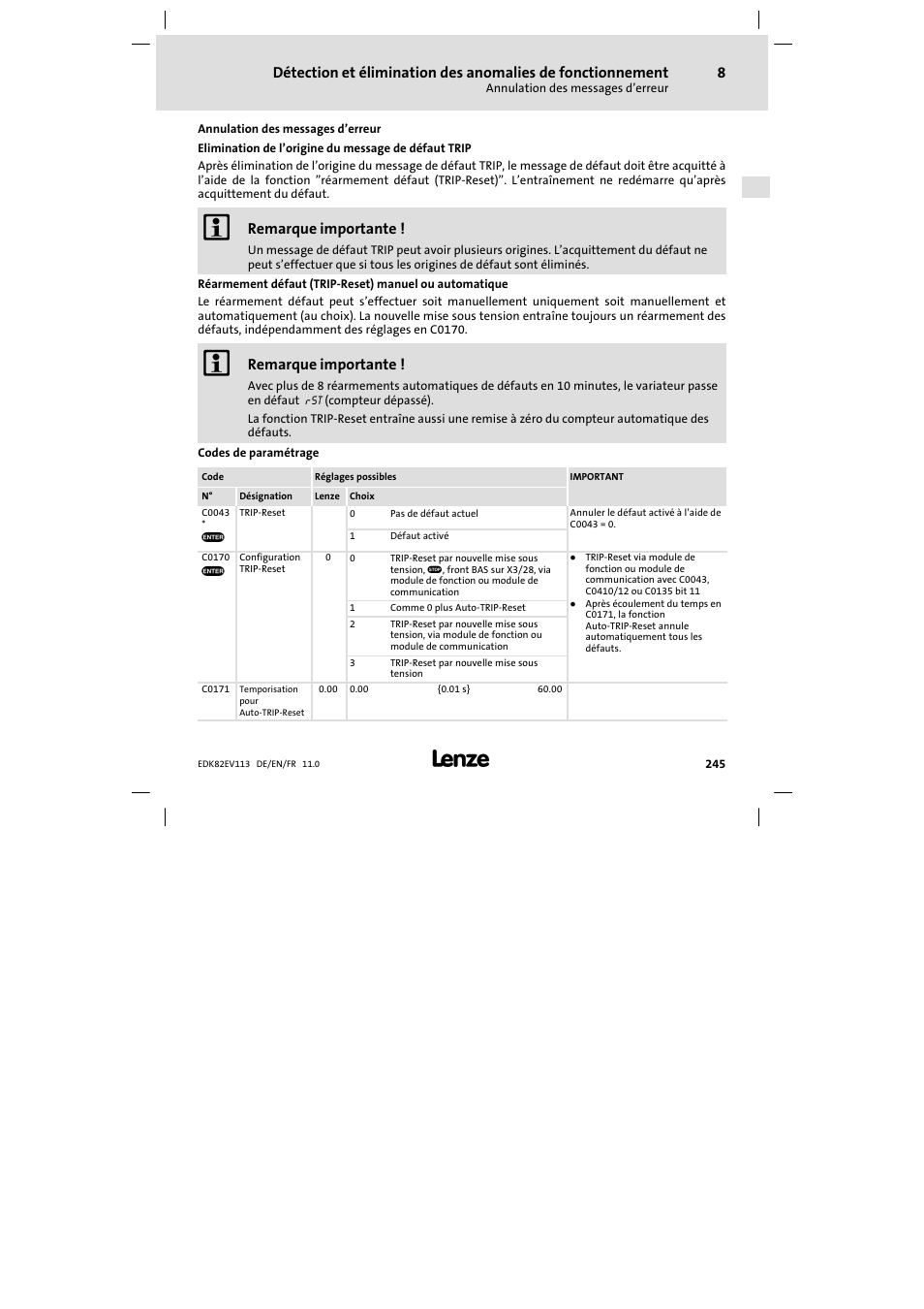 Annulation des messages d'erreur, Annulation des messages d’erreur, Remarque importante | Lenze E82EV 8200 User Manual | Page 245 / 246