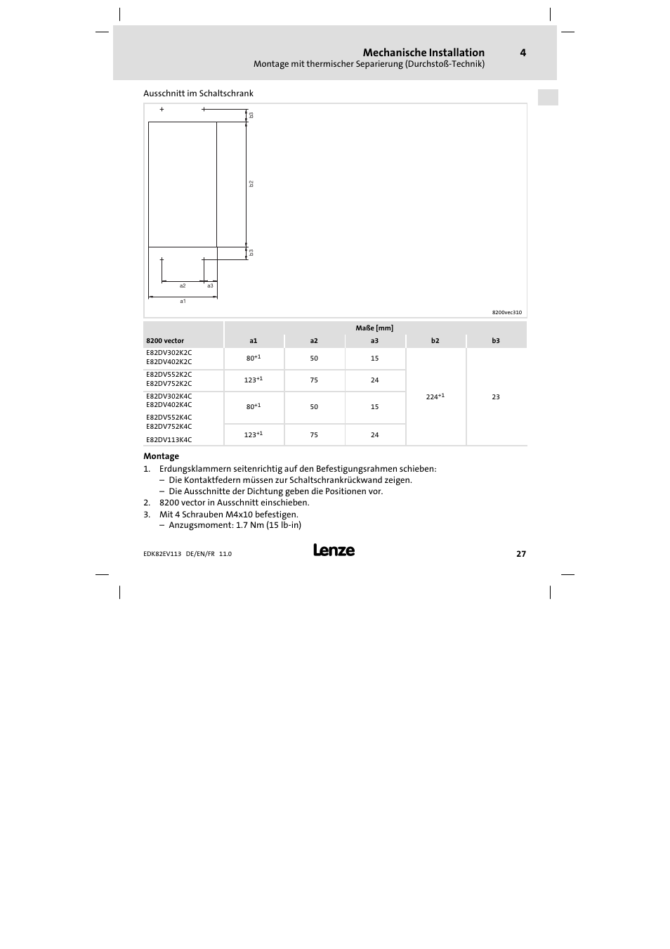 Mechanische installation | Lenze E82EV 8200 User Manual | Page 27 / 246