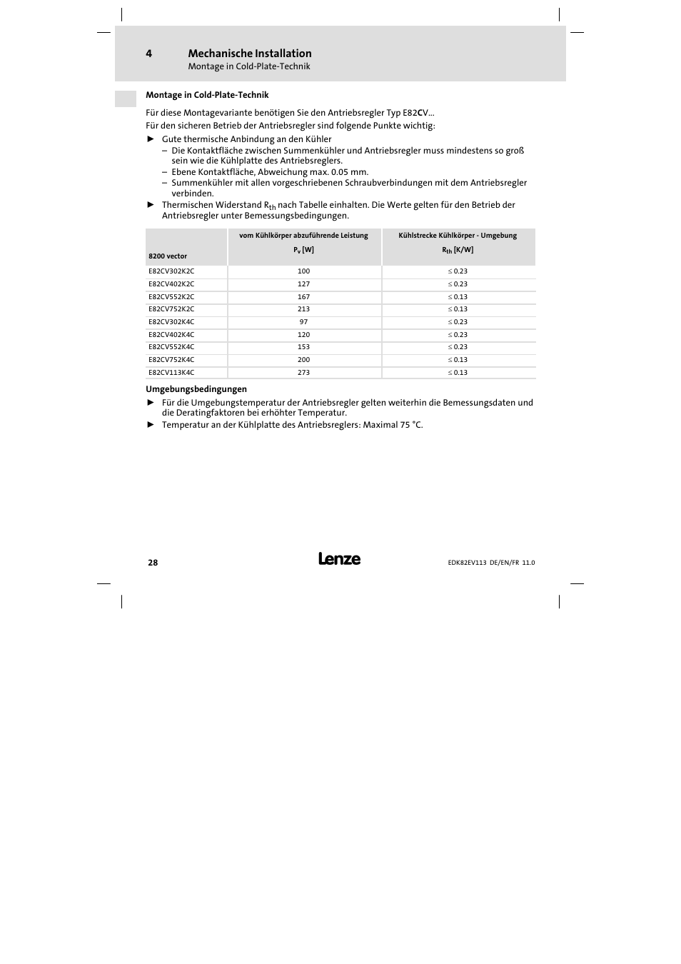 Montage in cold-plate-technik, Montage in cold−plate−technik, Mechanische installation | Lenze E82EV 8200 User Manual | Page 28 / 246