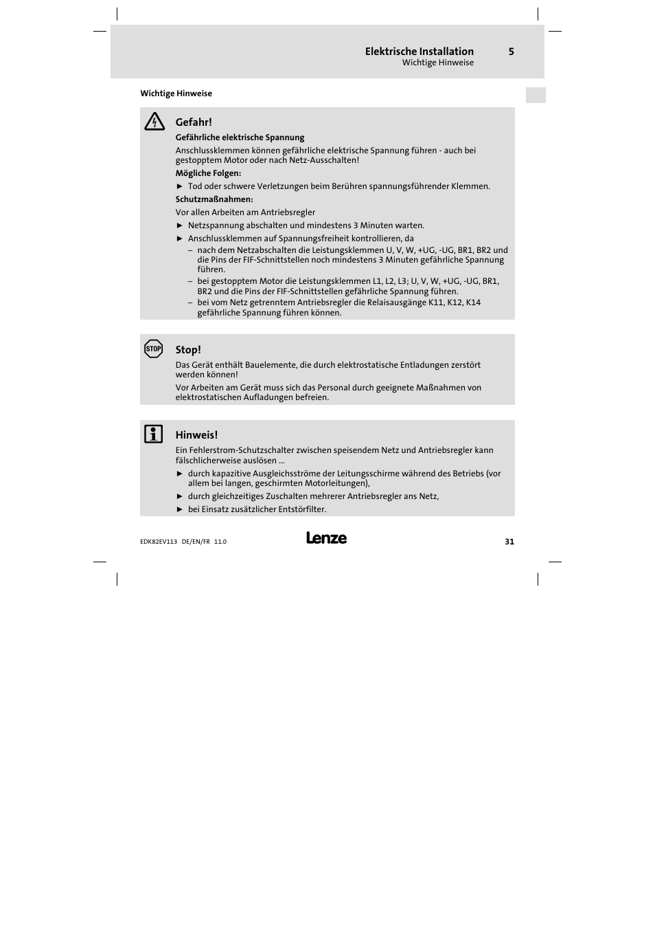 Elektrische installation, Wichtige hinweise | Lenze E82EV 8200 User Manual | Page 31 / 246