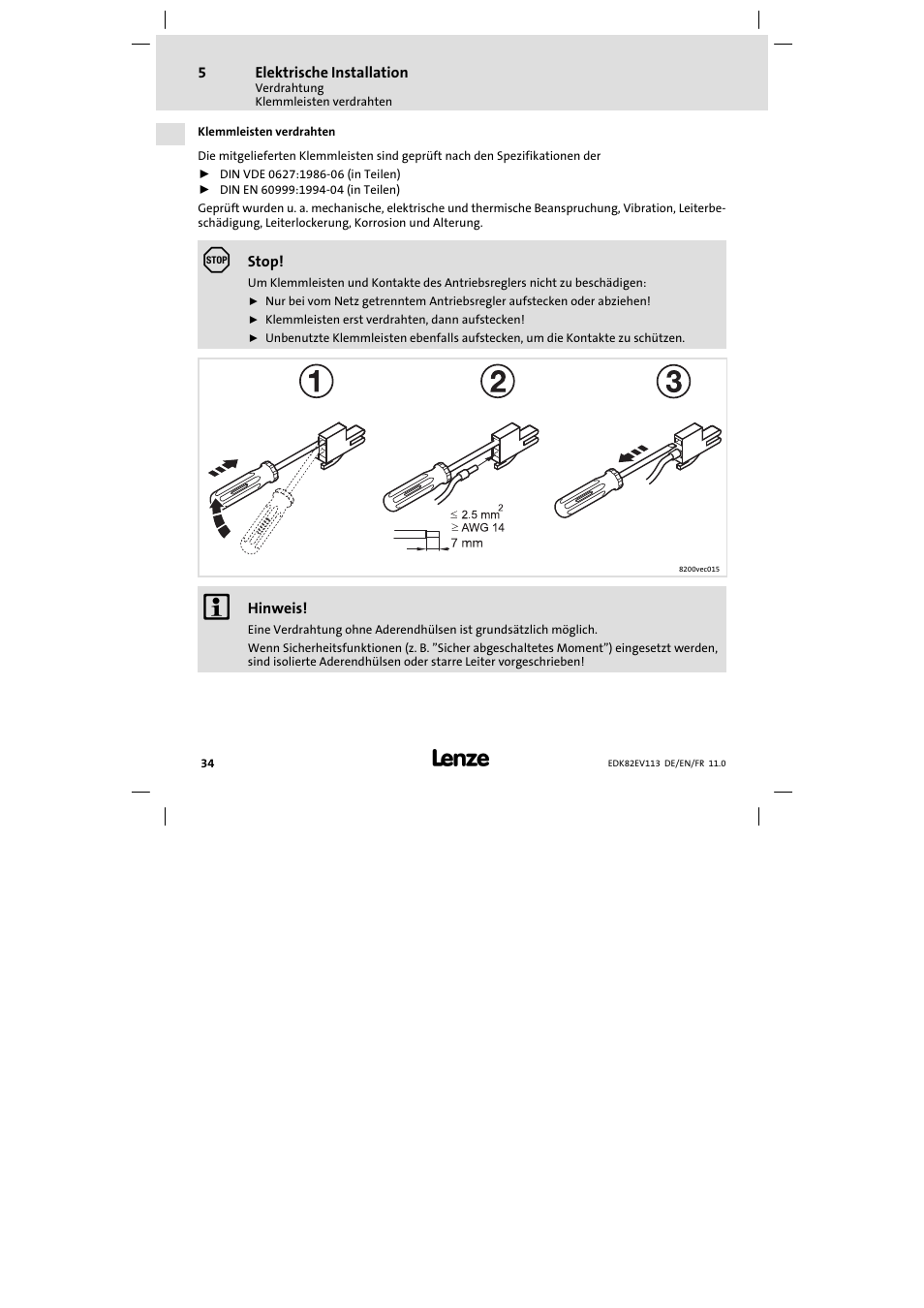 Klemmleisten verdrahten | Lenze E82EV 8200 User Manual | Page 34 / 246
