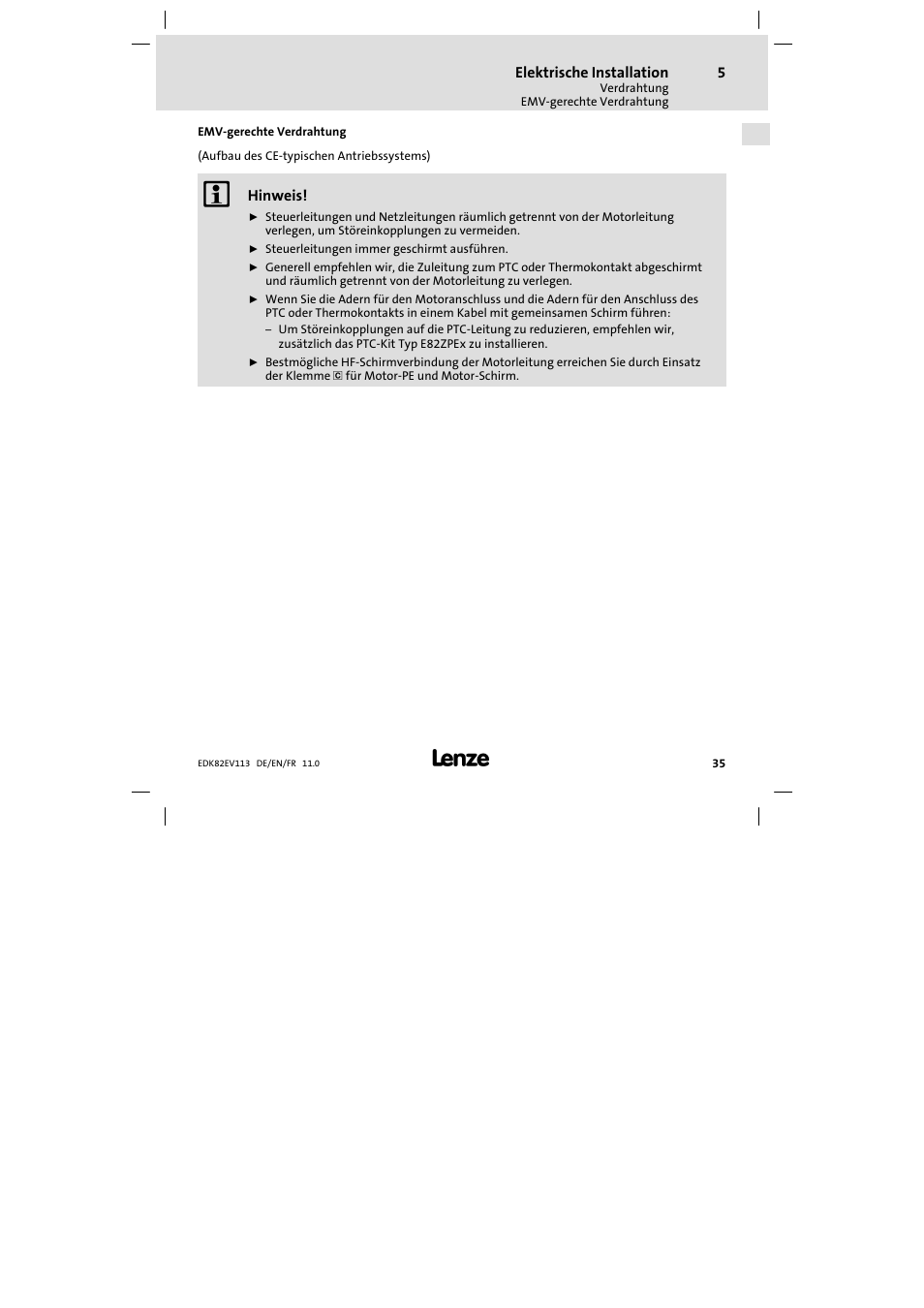 Emv-gerechte verdrahtung, Emv−gerechte verdrahtung | Lenze E82EV 8200 User Manual | Page 35 / 246