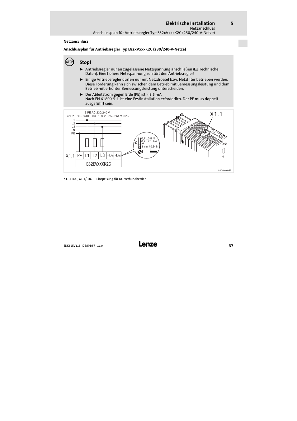 Netzanschluss, X1.1 | Lenze E82EV 8200 User Manual | Page 37 / 246