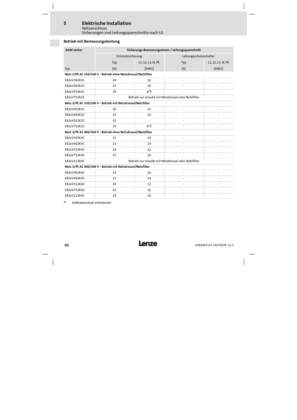 Elektrische installation | Lenze E82EV 8200 User Manual | Page 42 / 246