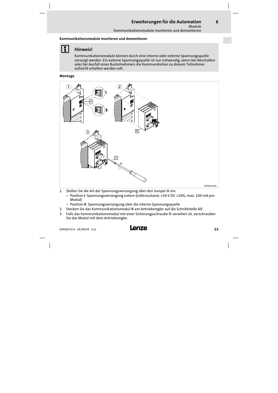 Kommunikationsmodule montieren und demontieren | Lenze E82EV 8200 User Manual | Page 53 / 246