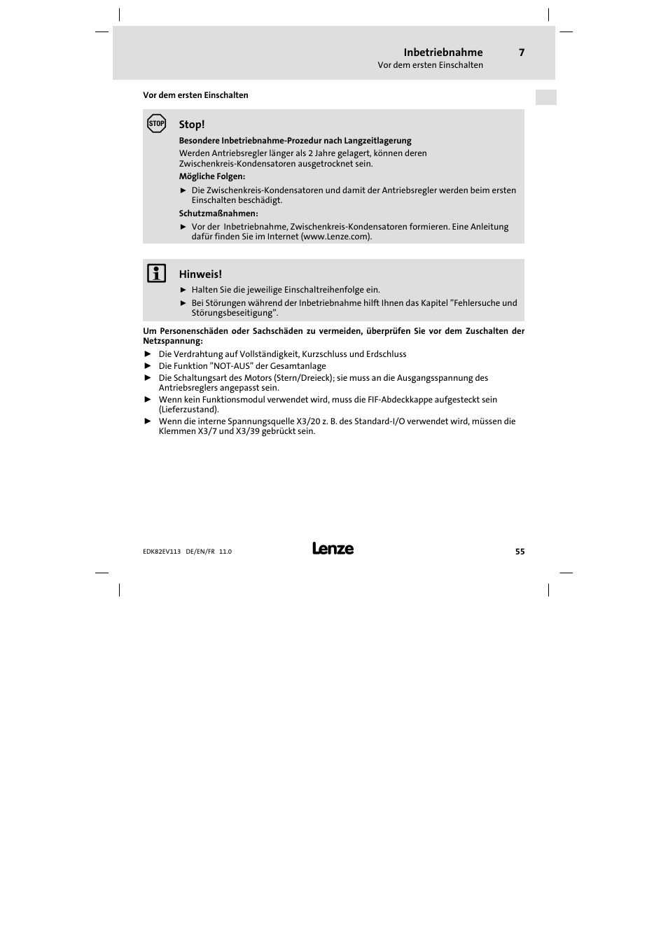Inbetriebnahme, Vor dem ersten einschalten | Lenze E82EV 8200 User Manual | Page 55 / 246