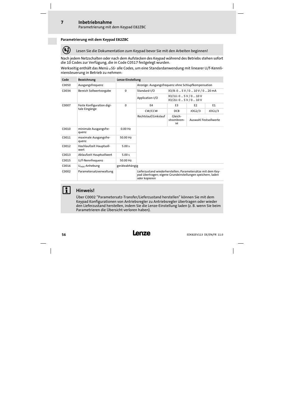 Parametrierung mit dem keypad e82zbc, Inbetriebnahme, Hinweis | Lenze E82EV 8200 User Manual | Page 56 / 246