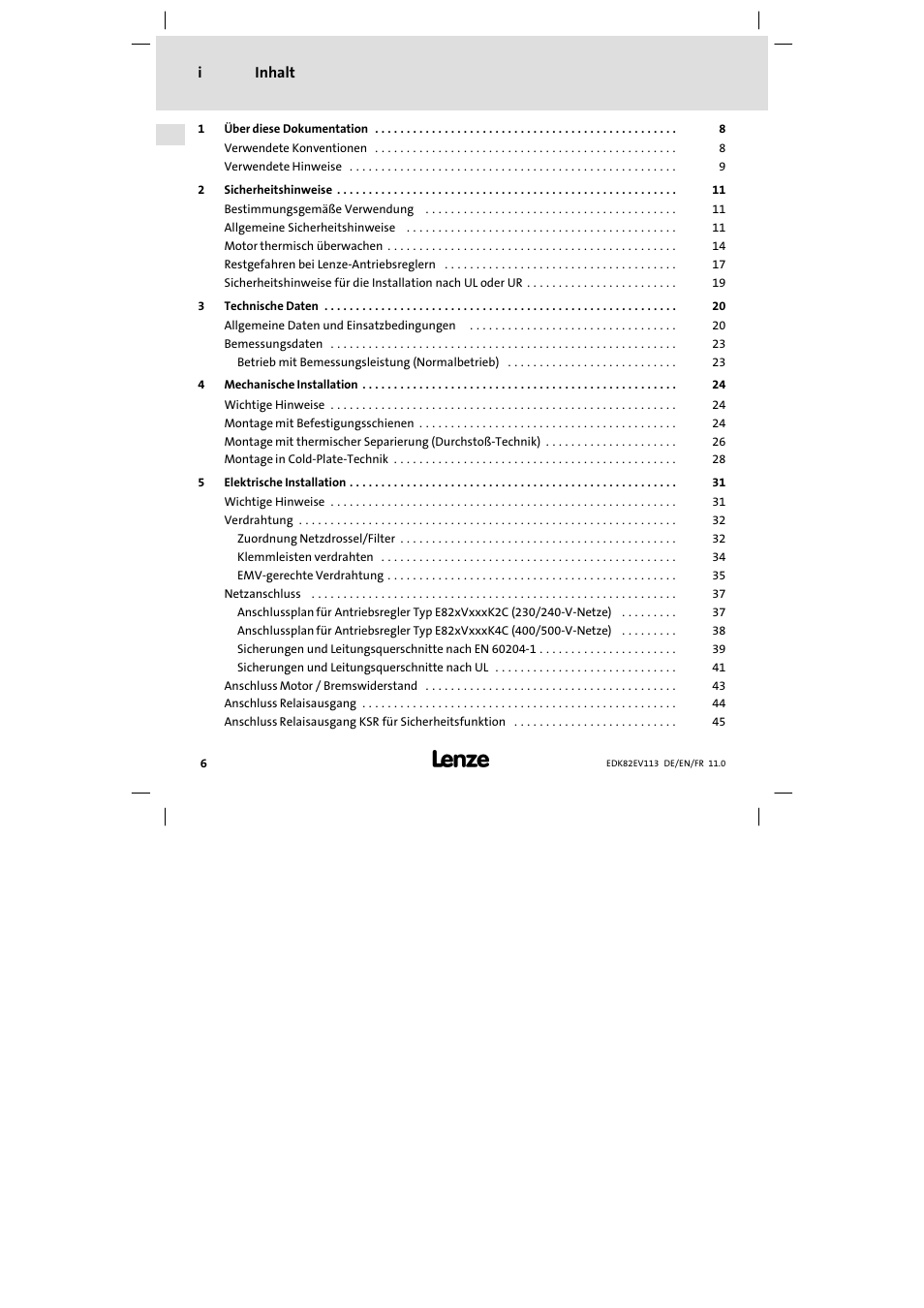 Inhalt, Inhalt i | Lenze E82EV 8200 User Manual | Page 6 / 246