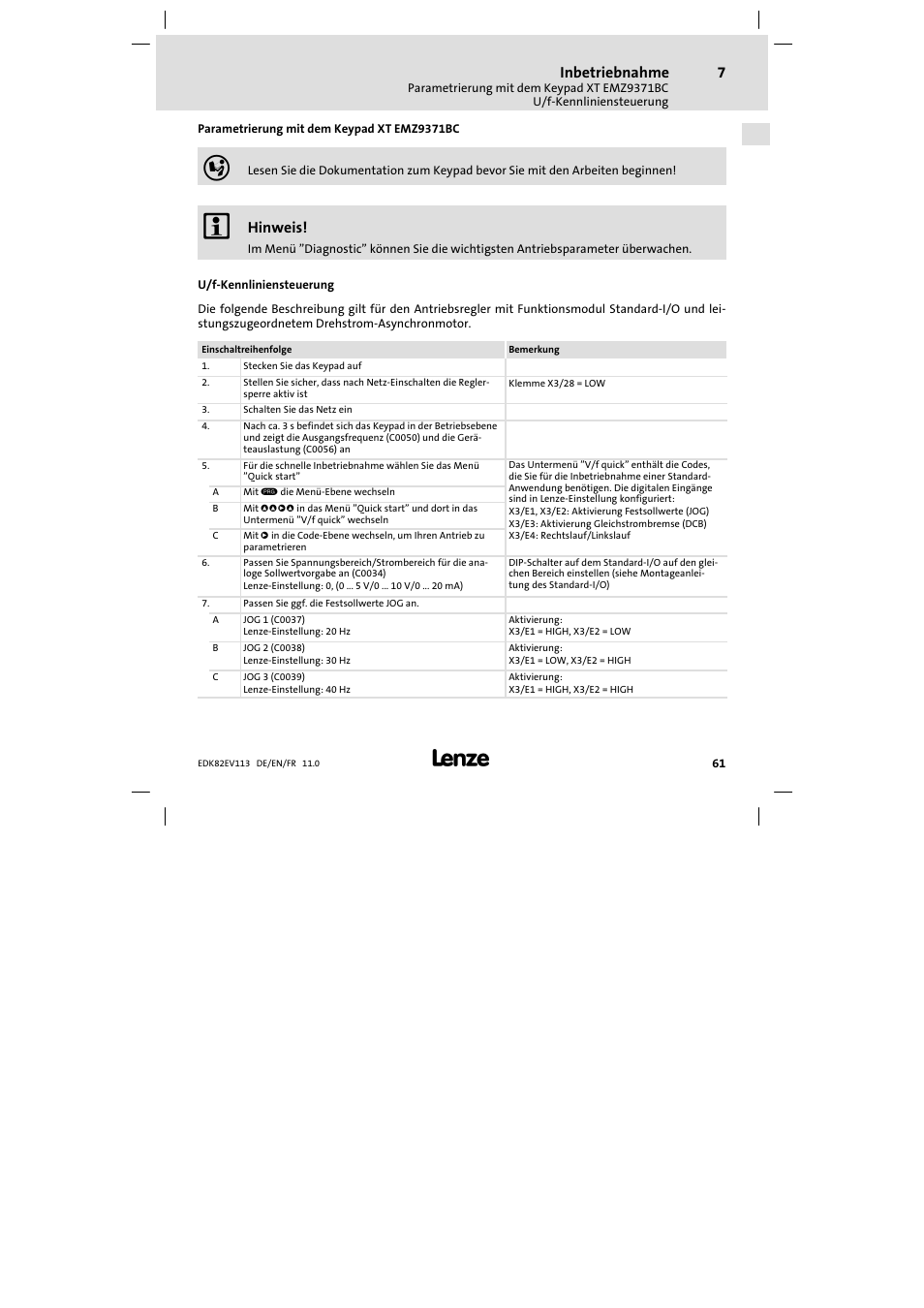 Parametrierung mit dem keypad xt emz9371bc, U/f-kennliniensteuerung, U/f−kennliniensteuerung | Inbetriebnahme, Hinweis | Lenze E82EV 8200 User Manual | Page 61 / 246