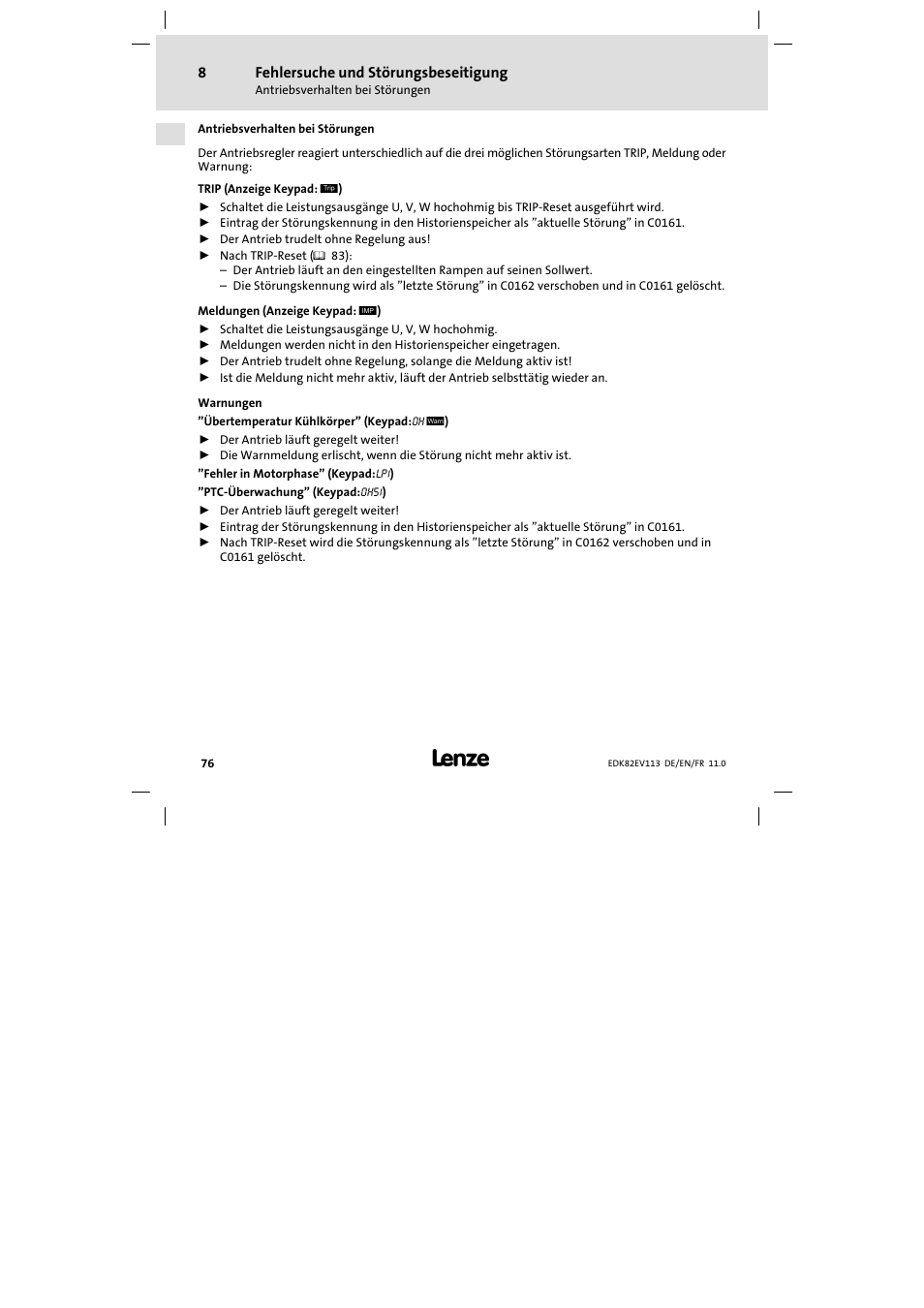 Antriebsverhalten bei störungen | Lenze E82EV 8200 User Manual | Page 76 / 246
