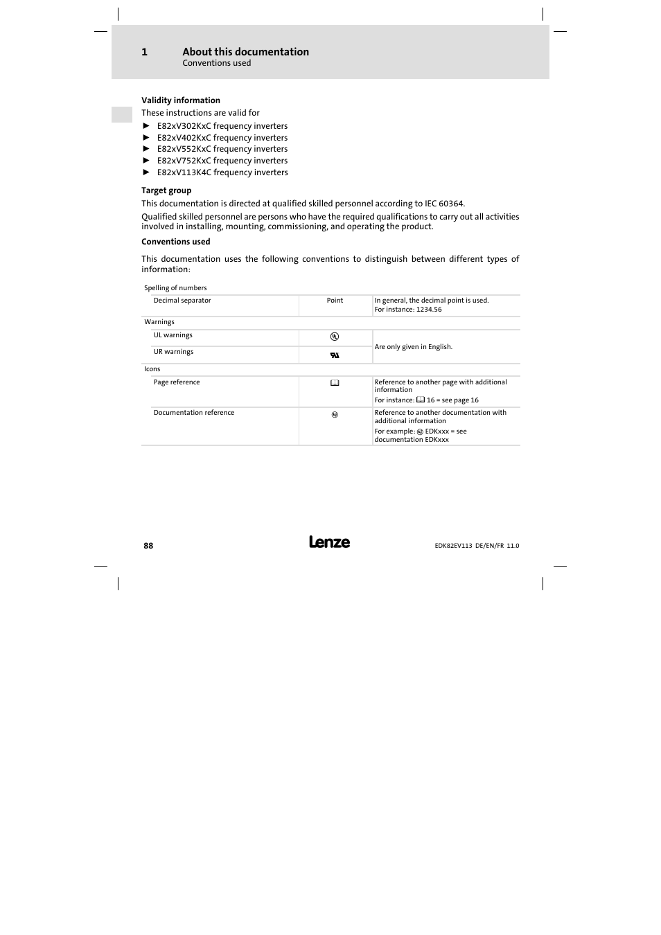 About this documentation, Conventions used | Lenze E82EV 8200 User Manual | Page 88 / 246
