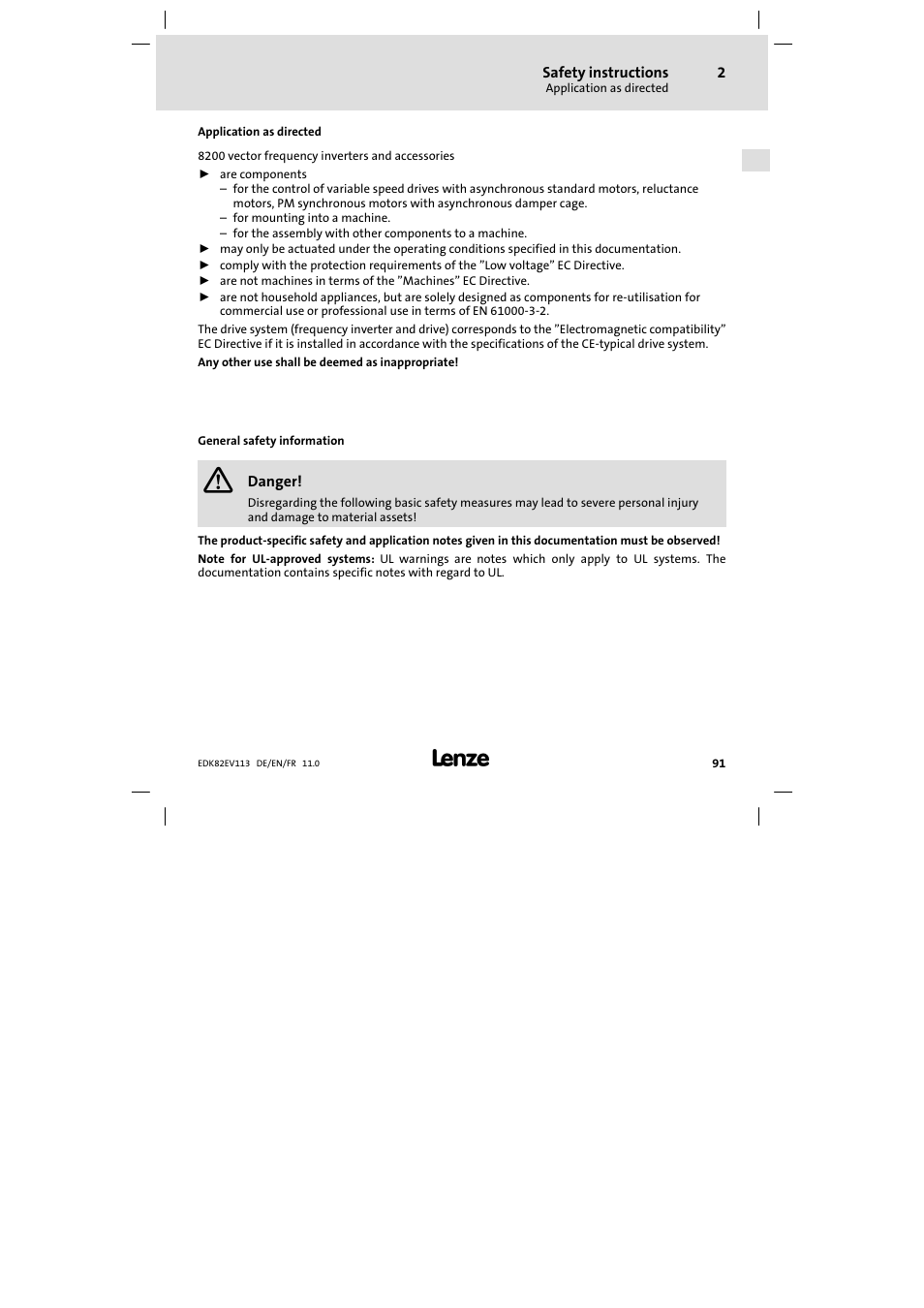 Safety instructions, Application as directed, General safety information | Lenze E82EV 8200 User Manual | Page 91 / 246
