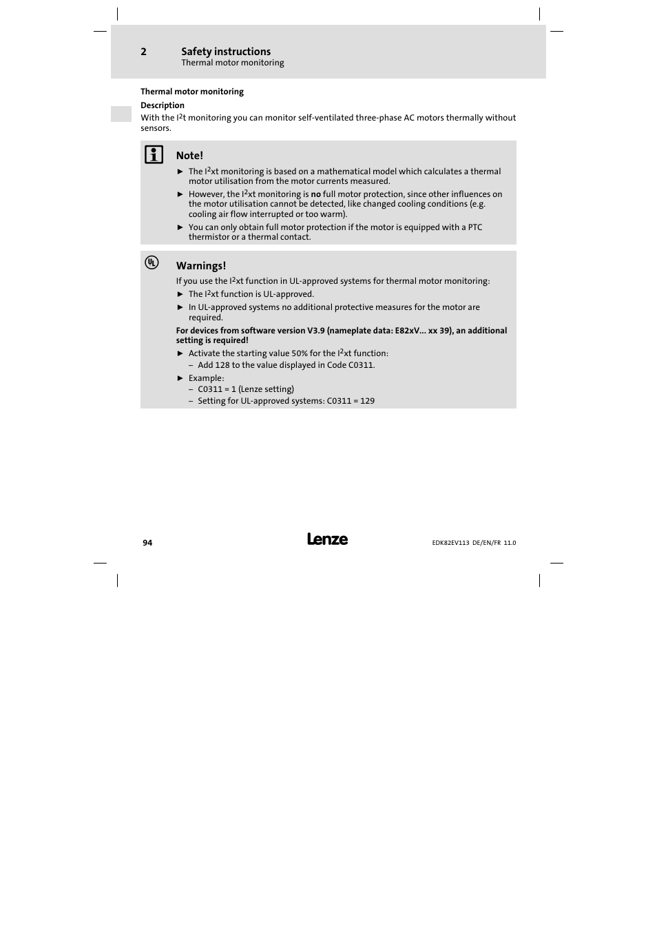 Thermal motor monitoring | Lenze E82EV 8200 User Manual | Page 94 / 246