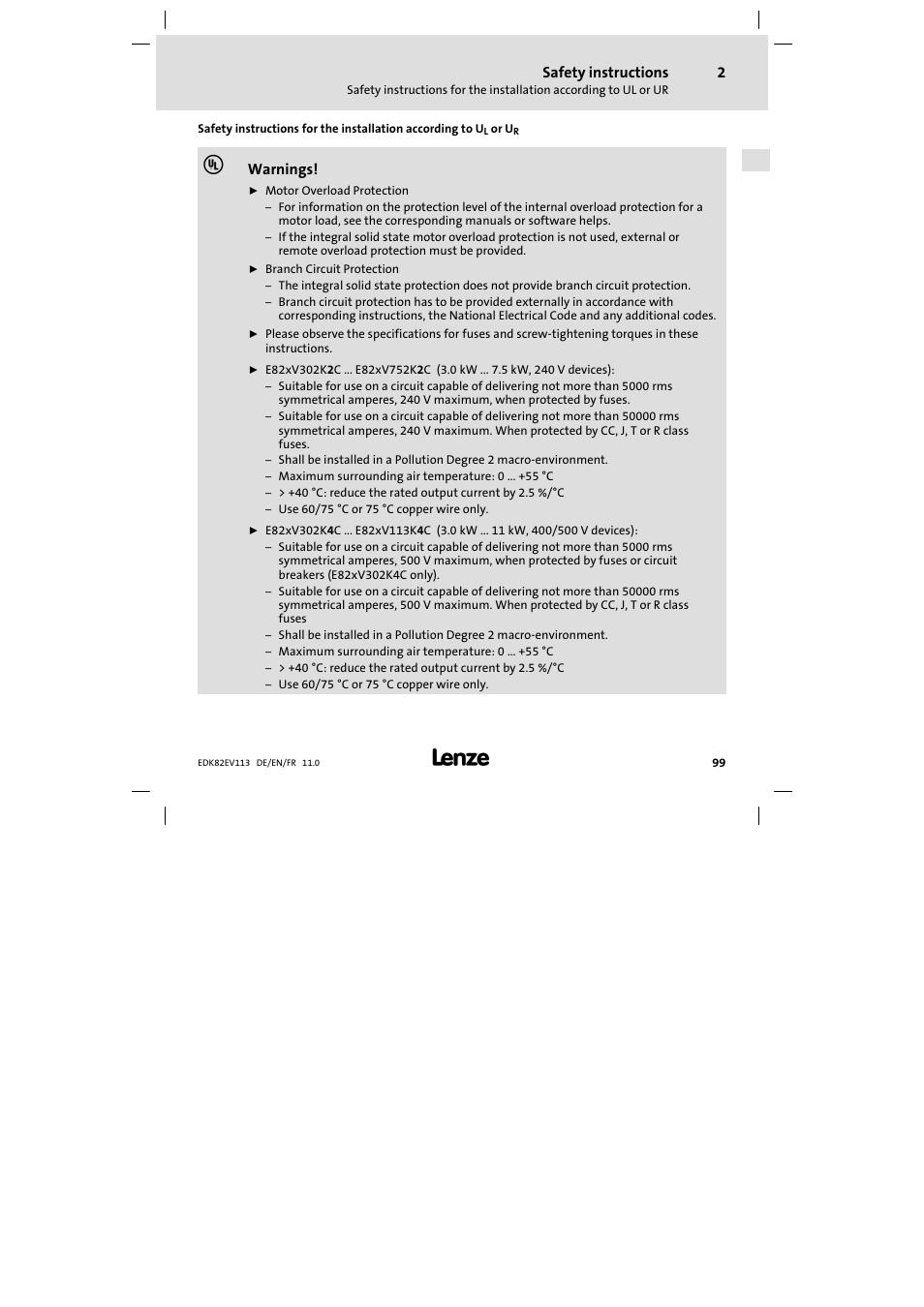 Safety instructions, Warnings | Lenze E82EV 8200 User Manual | Page 99 / 246
