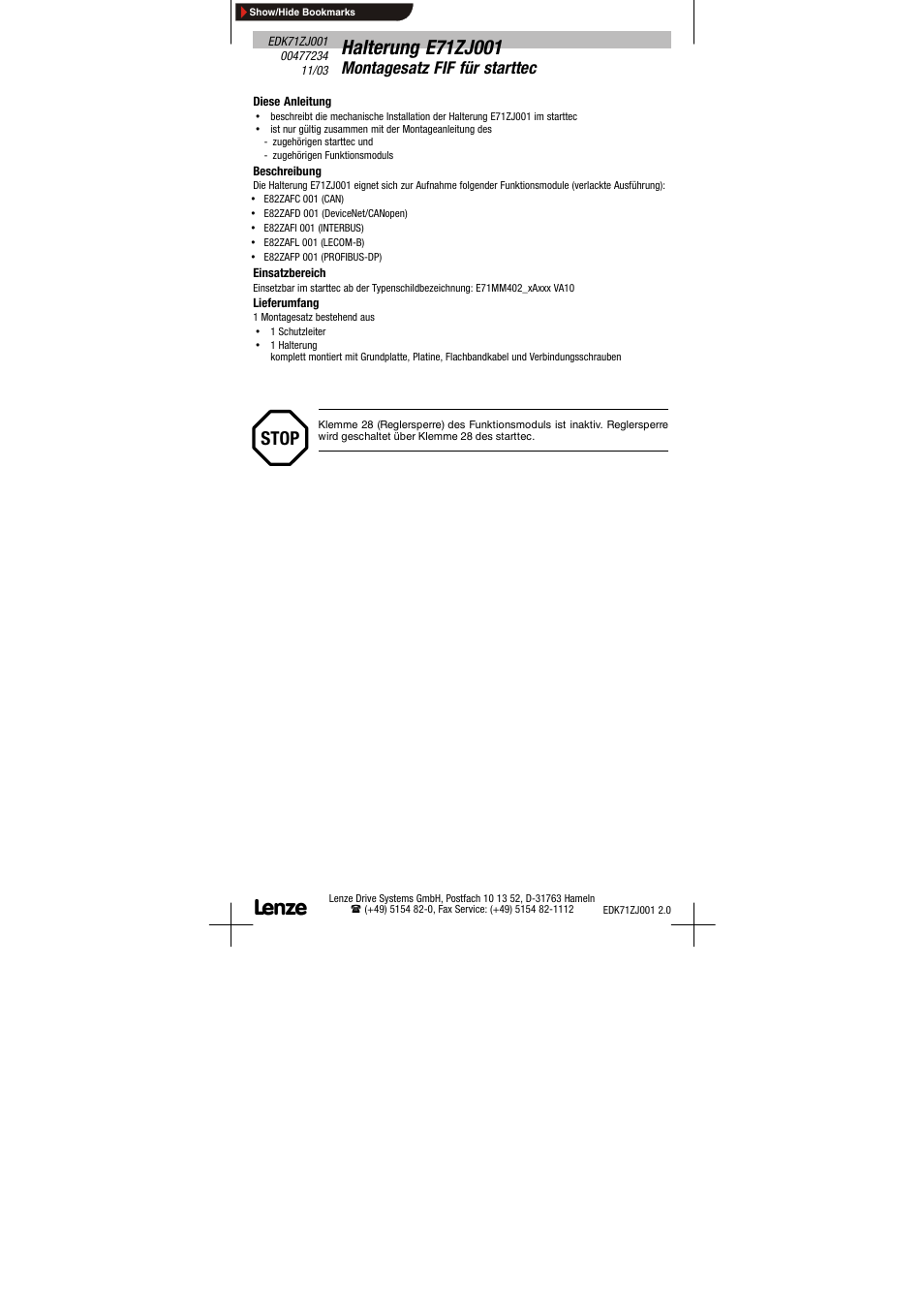 Lenze E71ZJ001 User Manual | 6 pages