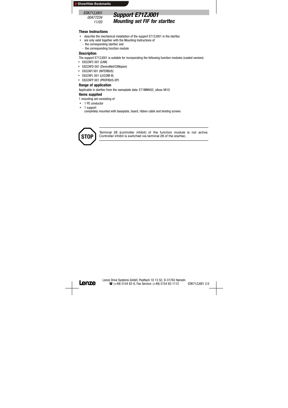 Support e71zj001 mounting set fif for starttec, Stop, Mounting set fif for starttec | Lenze E71ZJ001 User Manual | Page 3 / 6