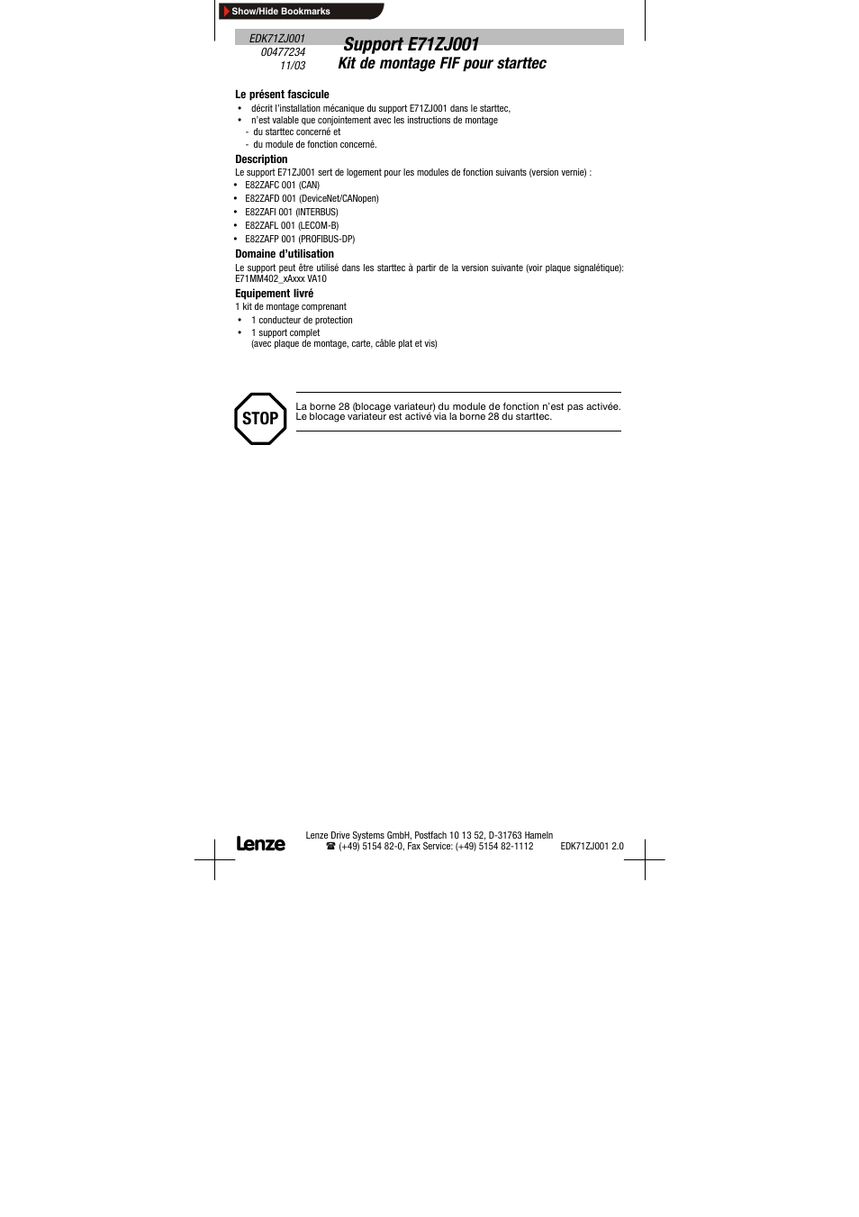 Support e71zj001 kit de montage fif pour starttec, Stop, Kit de montage fif pour starttec | Lenze E71ZJ001 User Manual | Page 5 / 6