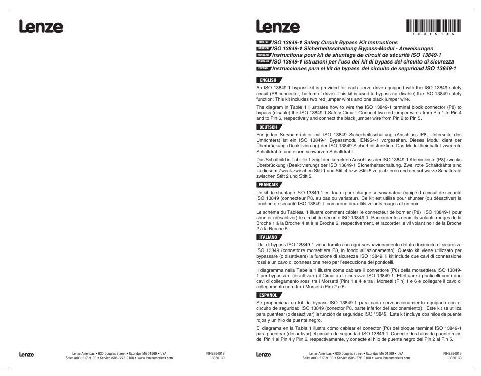 Lenze E94P Position Servo safety circuit bypass User Manual | 2 pages