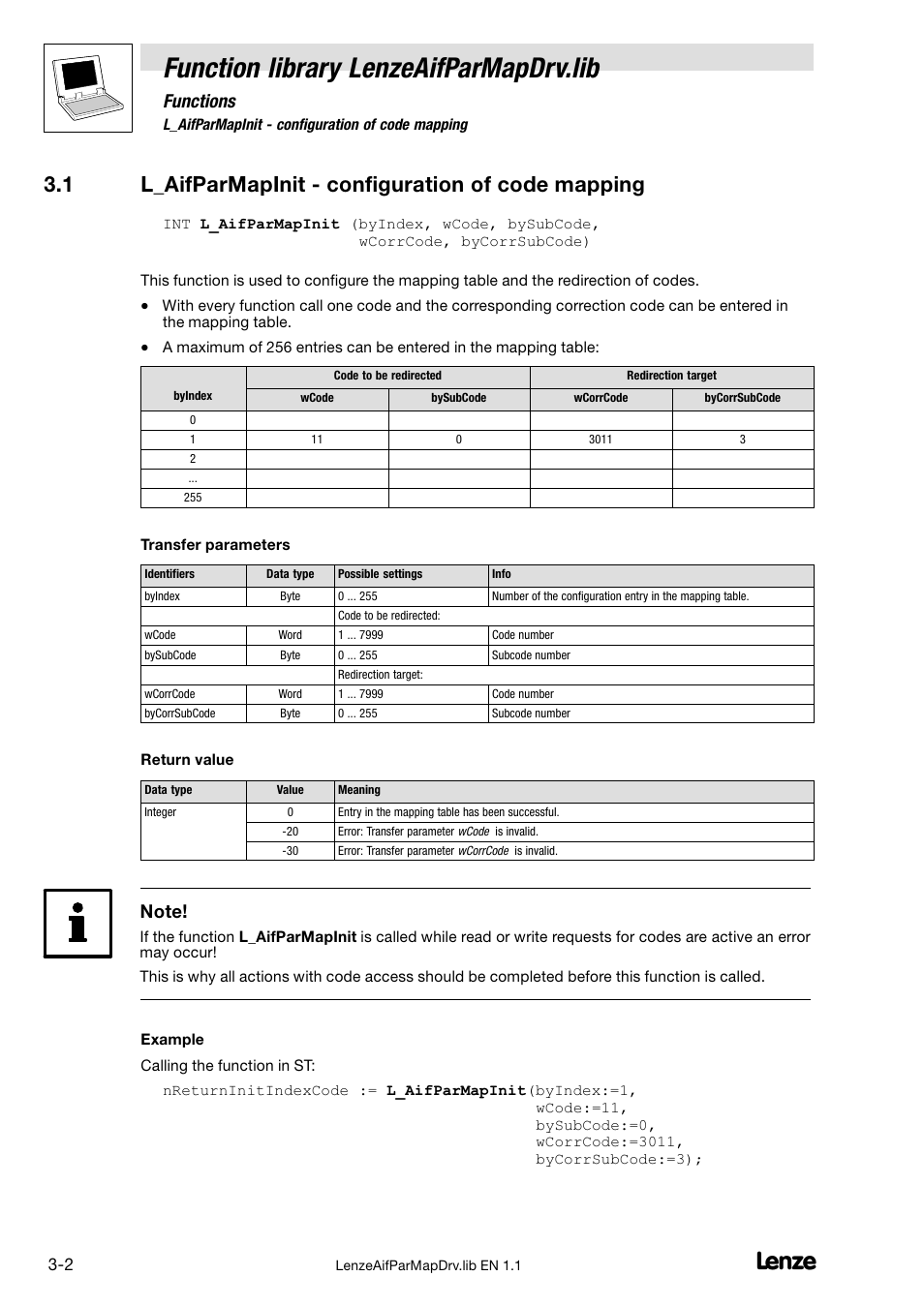 1 l_aifparmapinit - configuration of code mapping, L_aifparmapinit − configuration of code mapping, Function library lenzeaifparmapdrv.lib | 1 l_aifparmapinit − configuration of code mapping, Functions | Lenze DDS Global Drive PLC Developer Studio User Manual | Page 12 / 14