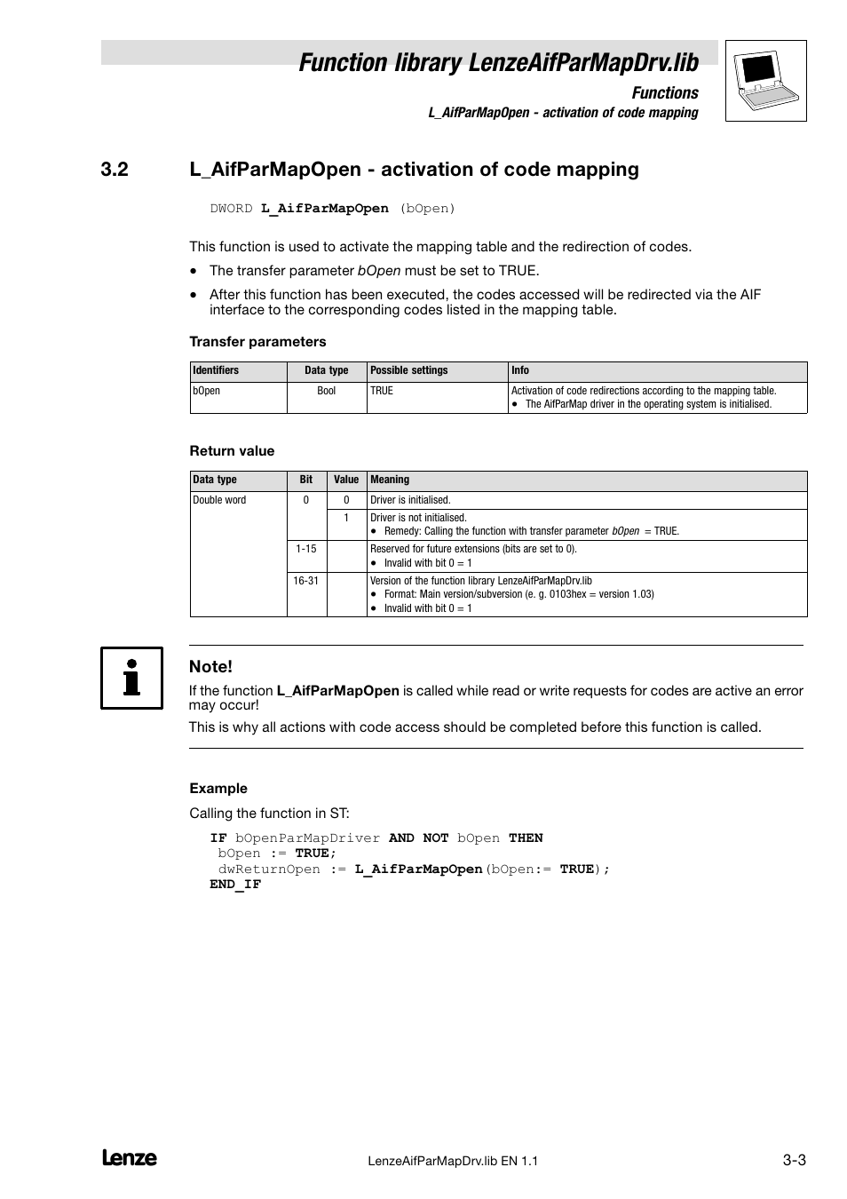 2 l_aifparmapopen - activation of code mapping, L_aifparmapopen − activation of code mapping, Function library lenzeaifparmapdrv.lib | 2 l_aifparmapopen − activation of code mapping, Functions | Lenze DDS Global Drive PLC Developer Studio User Manual | Page 13 / 14