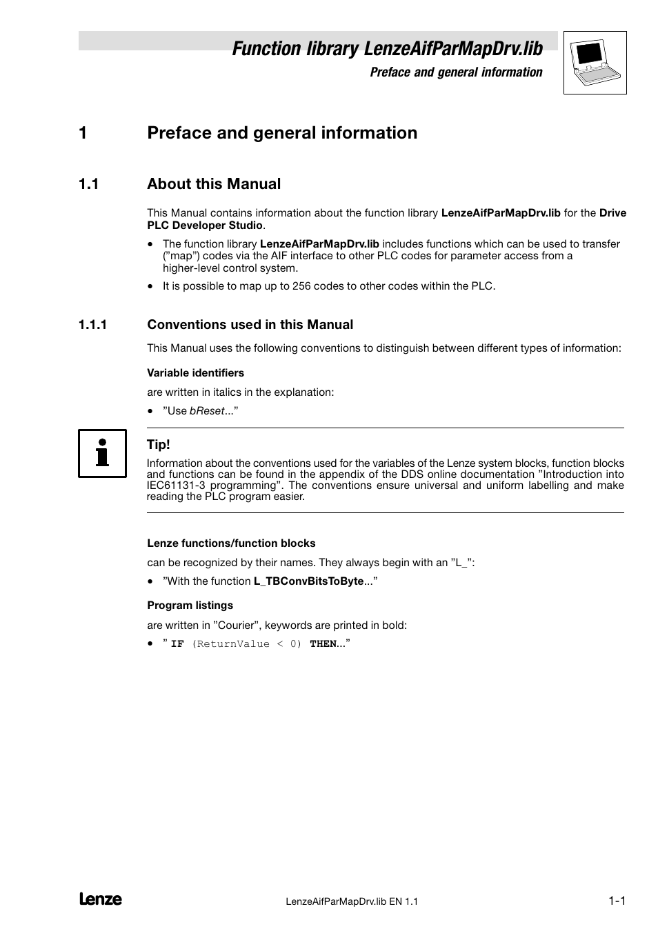 1 preface and general information, 1 about this manual, 1 conventions used in this manual | About this manual, Conventions used in this manual, Function library lenzeaifparmapdrv.lib, 1preface and general information | Lenze DDS Global Drive PLC Developer Studio User Manual | Page 5 / 14