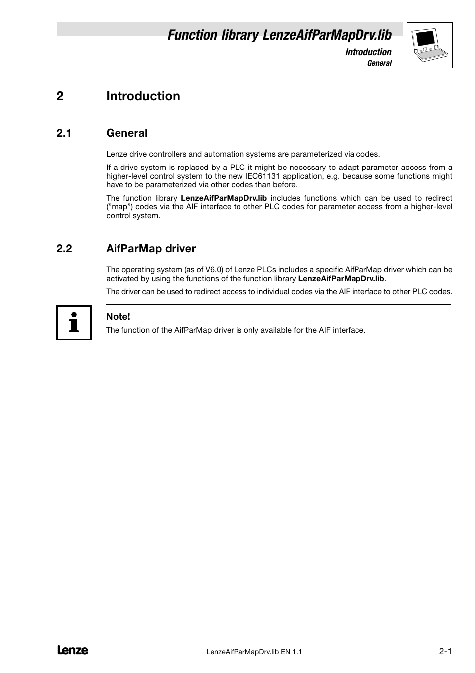 2 introduction, 1 general, 2 aifparmap driver | General, Aifparmap driver, Function library lenzeaifparmapdrv.lib, 2introduction | Lenze DDS Global Drive PLC Developer Studio User Manual | Page 9 / 14