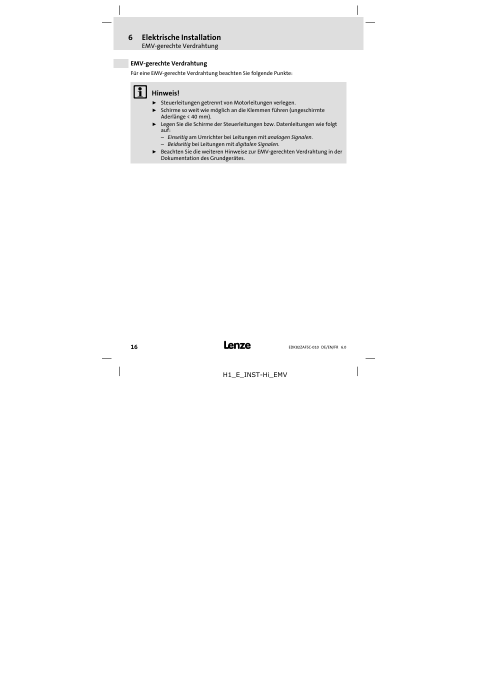 6 elektrische installation, Emv-gerechte verdrahtung, Elektrische installation | Emv−gerechte verdrahtung | Lenze E82ZAFSC010 User Manual | Page 16 / 71